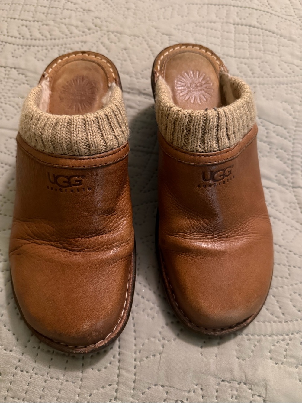 UGG Brown Leather Clog with Knit Collar - Picture 1 of 8